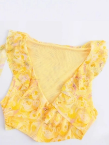 Summer yellow floral mesh sleeveless mini dress with ruffles and deep V-neckline