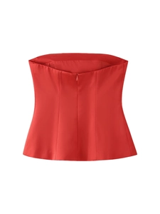 Red Y2K strapless peplum top with satin finish and back hidden zipper closure