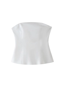 Minimalist white Y2K strapless tube top featuring a pleated design and flared hemline