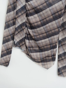 Plaid sheer mesh top with asymmetrical hem and ruched details for 2025 fashion