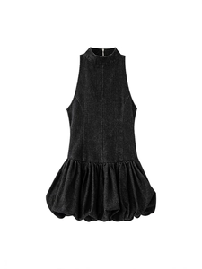 Elegant Sleeveless Washed Denim Mini Dress For Women High Neck Balloon Hem Solid Color Vest Style Dress Streetwear