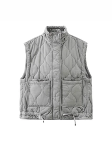 Grey quilted vest for women featuring a stand collar and large pockets on a white background