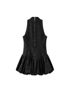 Elegant black denim sleeveless balloon hem dress with halter neck and back zipper detail
