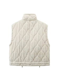 Cream wave quilted puffer vest with high collar and adjustable drawstring back view