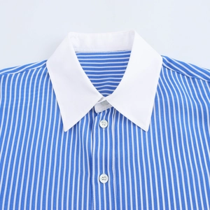 Détail de chemise rayée bleue avec col blanc contrasté et boutons blancs