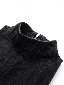 Elegant black denim sleeveless balloon dress with stand collar and back zipper detail