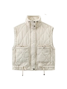 Women's off-white quilted vest featuring a stand collar, large pockets, and drawstring hem