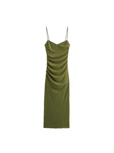 Sexy Backless Satin Spaghetti Strap Maxi Dress For Women Ruched Bodycon High Waist Olive Green Sleeveless Party Club Dress