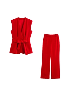 Women European Style Solid Color V-Neck Sleeveless Vest With Belt And Flare Leg Pants Casual Slim Fit Two Piece Pants Set