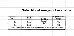 Size chart for floral denim shirt showing bust and length measurements in M and L sizes