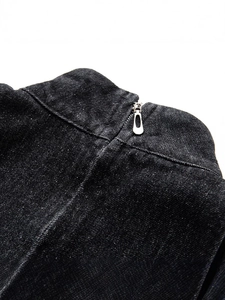 Elegant sleeveless black denim balloon dress with stand collar and silver back zipper detail