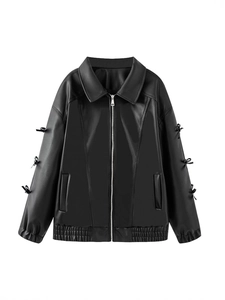 Women's Chic PU Leather Bow Jacket Streetwear Lapel Zipper Short Outerwear Elegant Faux Leather Biker Coat With Bows Black