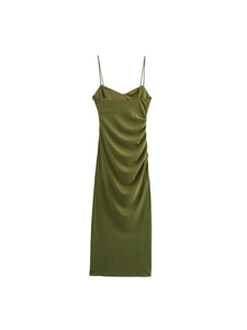 Elegant olive green backless maxi dress with slim fit ruched side detail and thin straps