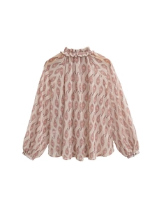 Women Paisley Print Blouse Metallic Gold Thread Ruffle Stand Collar Long Sleeve Bohemian Chiffon Shirt Streetwear Top