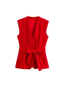 Women's V-neck sleeveless red waistcoat top with waist belt and professional tailoring
