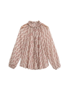 French style paisley print chiffon blouse with ruffle high neck and long sleeves