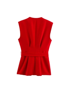 Women's red V-neck sleeveless vest with belt and pleated hem in a slim fit design