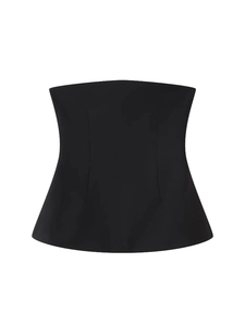 Sleek Y2K black strapless corset top with slimming structure and peplum hem