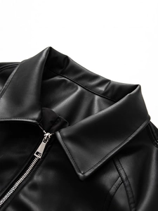 Women's black PU leather jacket with bow detail, lapel collar and metal zipper closure