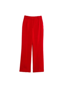 Women's red high waisted wide leg trousers with belt loops and crisp front pleats