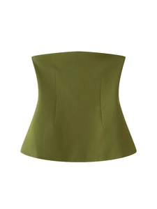 Olive green strapless peplum top with pleated waist and elegant flared hemline