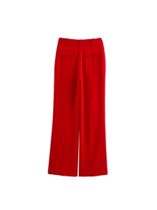 Red high-waisted wide-leg trousers with back welt pockets and belt loops on white background