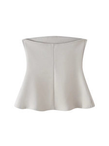 Light gray Y2K strapless peplum top with elegant ruched design and smooth elastic fabric