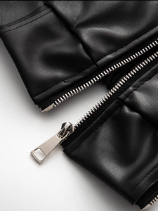 Short PU leather jacket with bow design and metallic silver zipper detail for women