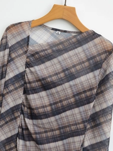 Women's plaid mesh long sleeve top with stylish pleated neckline on white background