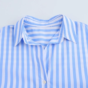 Detailaufnahme der blau-weiß gestreiften Baumwollbluse mit klassischem Kragen
