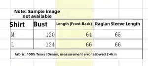 Guide des tailles pour chemise en denim Tencel brodé, mesures du buste et longueur