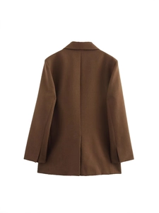Women's solid brown blazer back view with elegant rear slit and slim-fit long sleeves