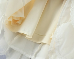 Detail shot of smooth inner lining and delicate white lace trim on the skirt hem
