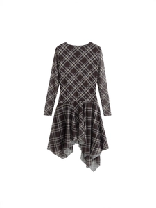 Robe Longue à Manches Longues en Maille Plaid pour Femmes Col Rond Plissé Ourlet Irrégulier Bodycon Mini Robe de Fête Printemps