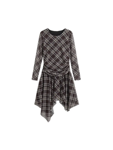 Robe mini chic à manches longues avec motif à carreaux et ourlet irrégulier femme