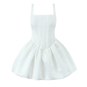 Detail of white square neck mini dress featuring corset style vertical seam stitching