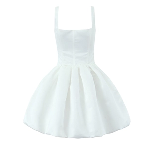 Detail of white square neck cocktail dress with structured corset bodice and puffy skirt