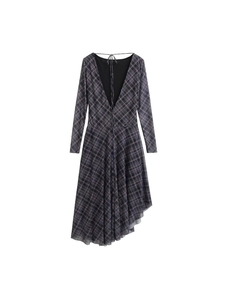 Abito Midi da Donna Casual a Quadri in Rete Increspato Manica Lunga Senza Schienale Lacci Orlo Irregolare Asimmetrico Streetwear