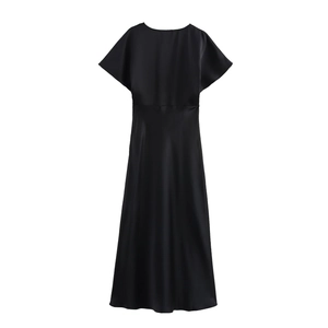Detailed back view showing the glossy black satin fabric and elegant A-line silhouette