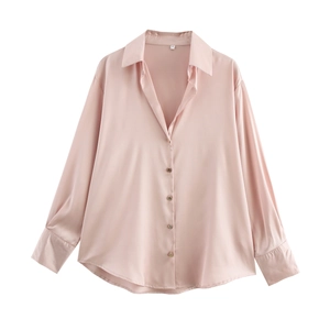 Elegant light pink satin long sleeve button-up shirt with V-neckline and glossy finish