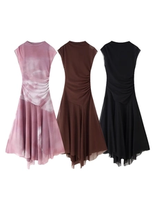 Women Sleeveless Mesh Midi Dress Ruched Irregular Hem Round Neck Tie Dye Streetwear Casual Slim Pullover Dress