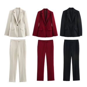 Women's two-piece business suit set with blazer and trousers in white, burgundy, and black