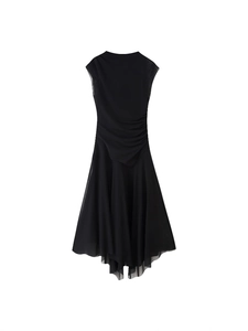 Slim fit sleeveless black mesh dress with pleated waist and layered irregular hemline