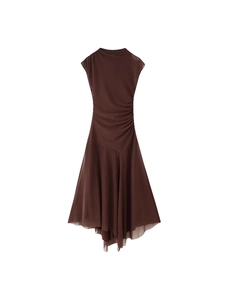 Sleeveless dark coffee pleated mesh dress with asymmetrical hem and slim fit waistline