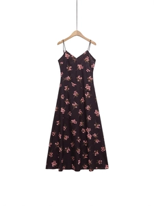 Abito a Sottoveste Floreale Donna Sexy Schiena Scoperta Stile Francese Slim Fit Scollo a V Spalline Regolabili Maxi Abito Lungo