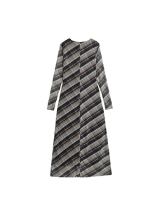 Robe Maxi Retro en Mesh à Carreaux pour Femmes Col Rond Manches Longues Taille Haute Coupe Ajustée Polyester Robe Longue Casual Streetwear