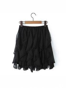 Fashionable black lace patchwork pleated mini skirt with irregular tiered ruffles and elastic waist