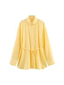 Chemise en Lin à Manches Longues pour Femmes Mode Ample Revers Boutonnage Simple Cordon Blouse Décontractée Couleur Unie Top Été