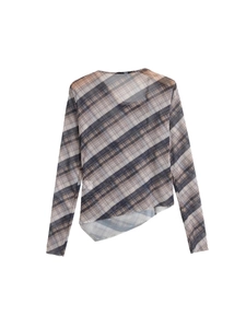 Women's plaid mesh long sleeve top featuring a modern asymmetrical hem and sheer fabric