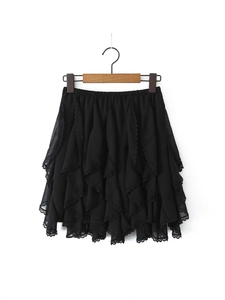 Fashionable black layered lace mini skirt with irregular ruffles and elastic waist